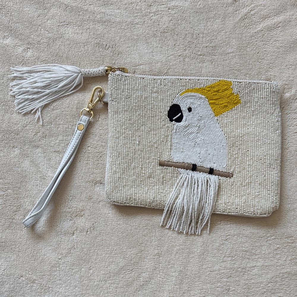 Chico’s Beaded Cockatoo Clutch with Tassels 💛
